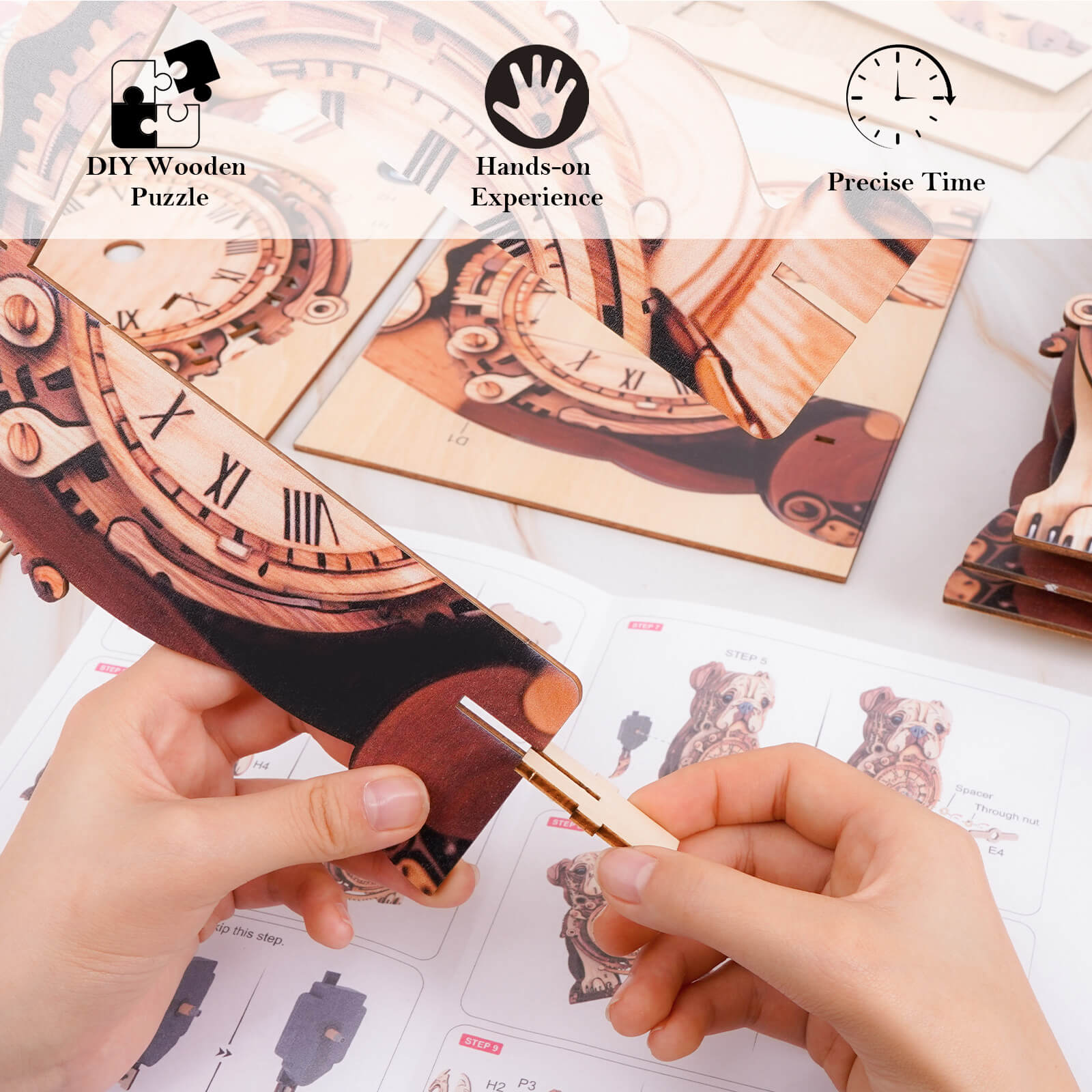 Bulldog DIY Wooden Clock, 3D Puzzle Craft Kit