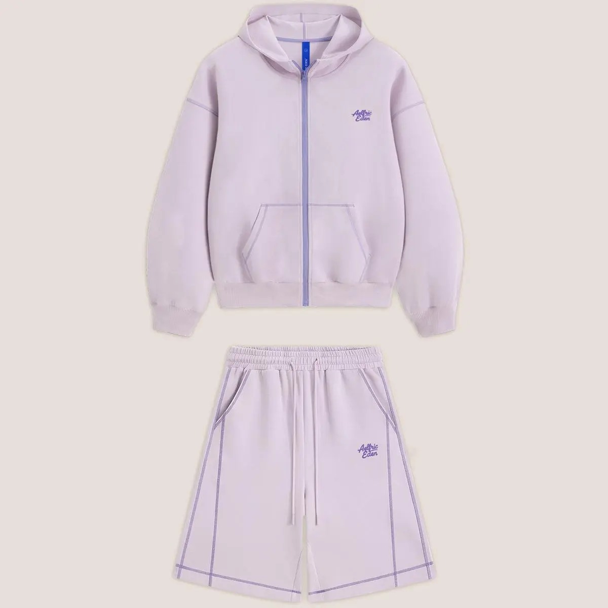 Cloud Boxy Sweat Set Contrast Stitch Zip-Up Jacket & Shorts Oversized Unisex
