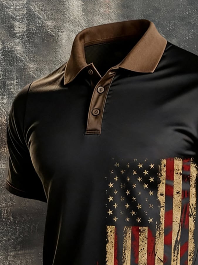 Men's Retro Patriotic Color-Block Short-Sleeve Polo Shirt