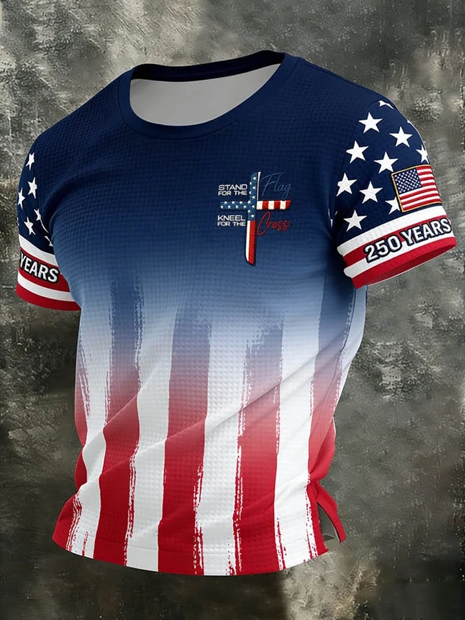 Men'S Casual Flag Faith Cross Round Neck T-Shirt
