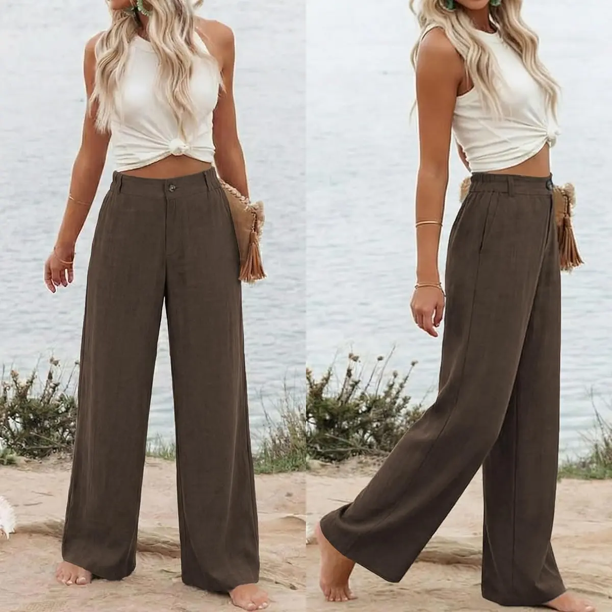 Tanming Women's Cotton Linen Bottoms - High-Waisted, Wide-Leg, Button-Up Pants, Minimalist Basic Breathable Fabric, Casual Loose Comfy Summer Beach Trousers