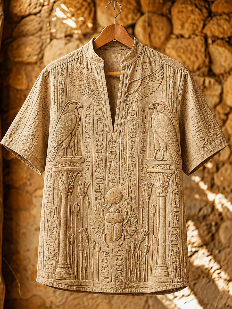 Ancient Egyptian Men’s Short Sleeve Shirt – Hawk & Scarab Embossed Hieroglyphic Top