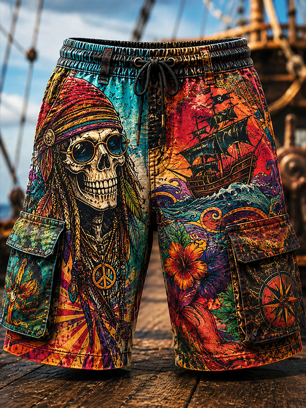 Men's Hippie Pirates Art Print Drawstring Waist Casual Shorts