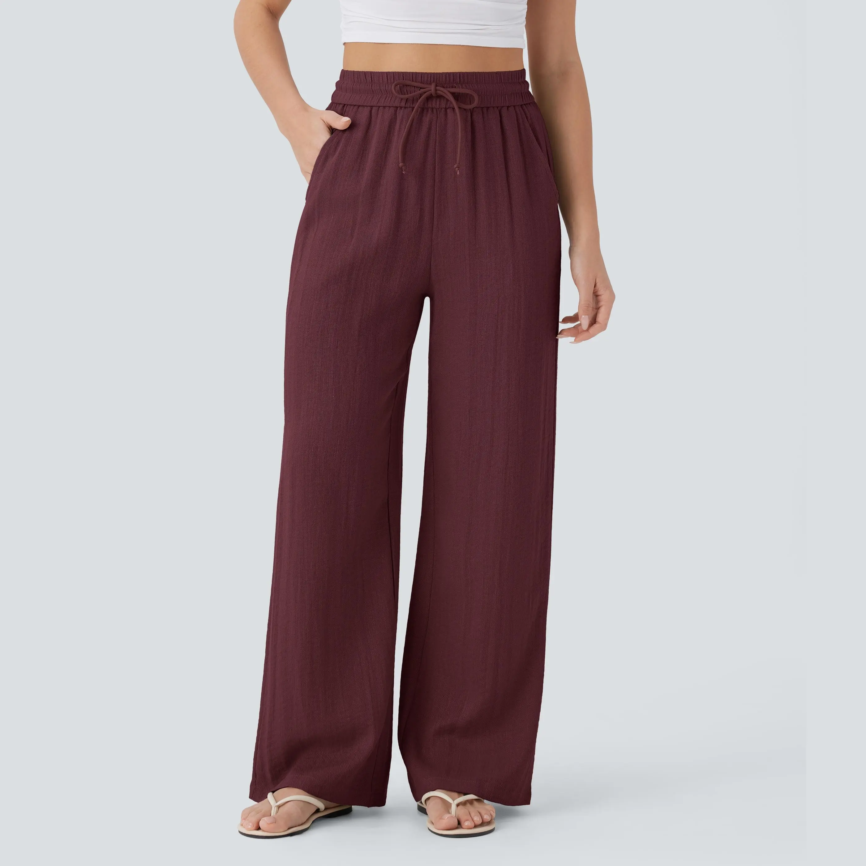 [Creator's Pick] High-Waisted, Drawstring, Pocketed, Wide-Leg Casual Trousers (Faux Linen)