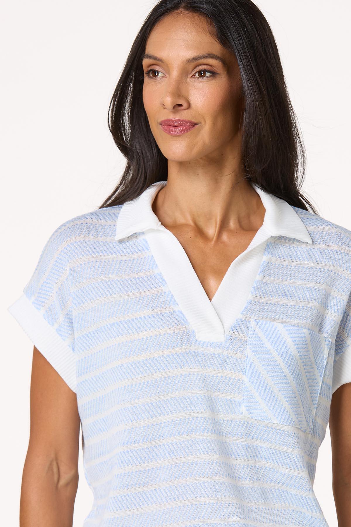 Blue White Textured Stripe Top
