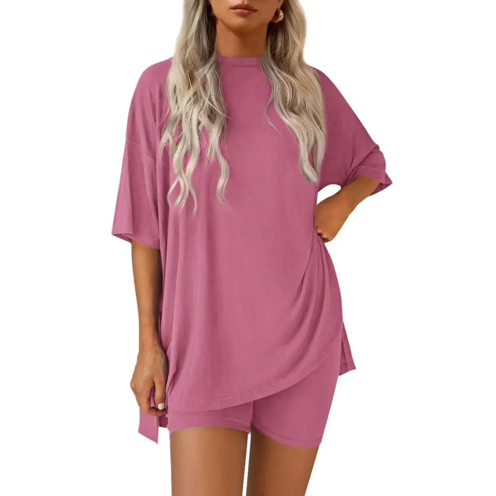 Crewneck Two-Piece Set For Women Summer Casual Oversized Split Hem Shirts