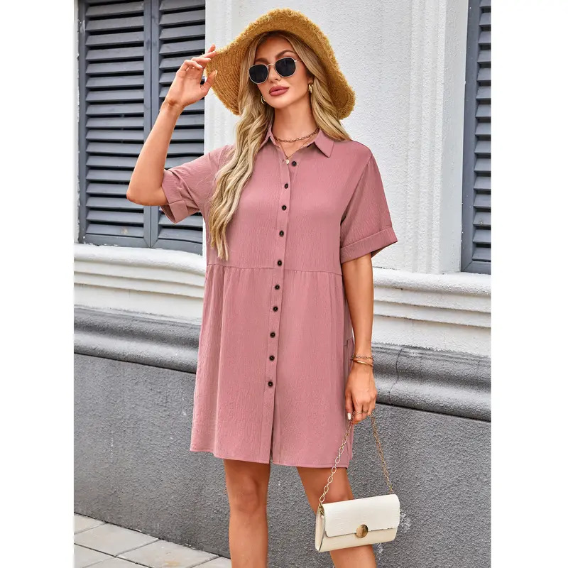 Women's Short-Sleeve Button-Front Textured Mini Dress – Loose, Flowy, Non-Clinging Fit with Pockets