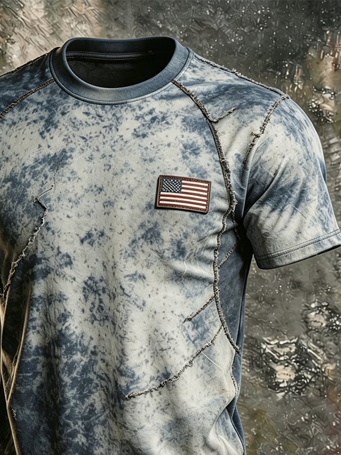 Men's Printed Crew Neck T-Shirt — American Flag Patch, Raw-Edge Splicing & Stitching; Casual, Slim-Fit, Athletic-Style American Streetwear Short-Sleeve Top