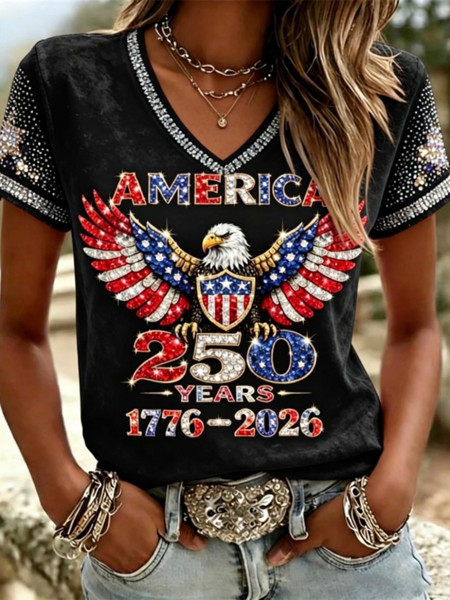 American 250th Anniversary Rhinestone Design Women's V Neck T-Shirt