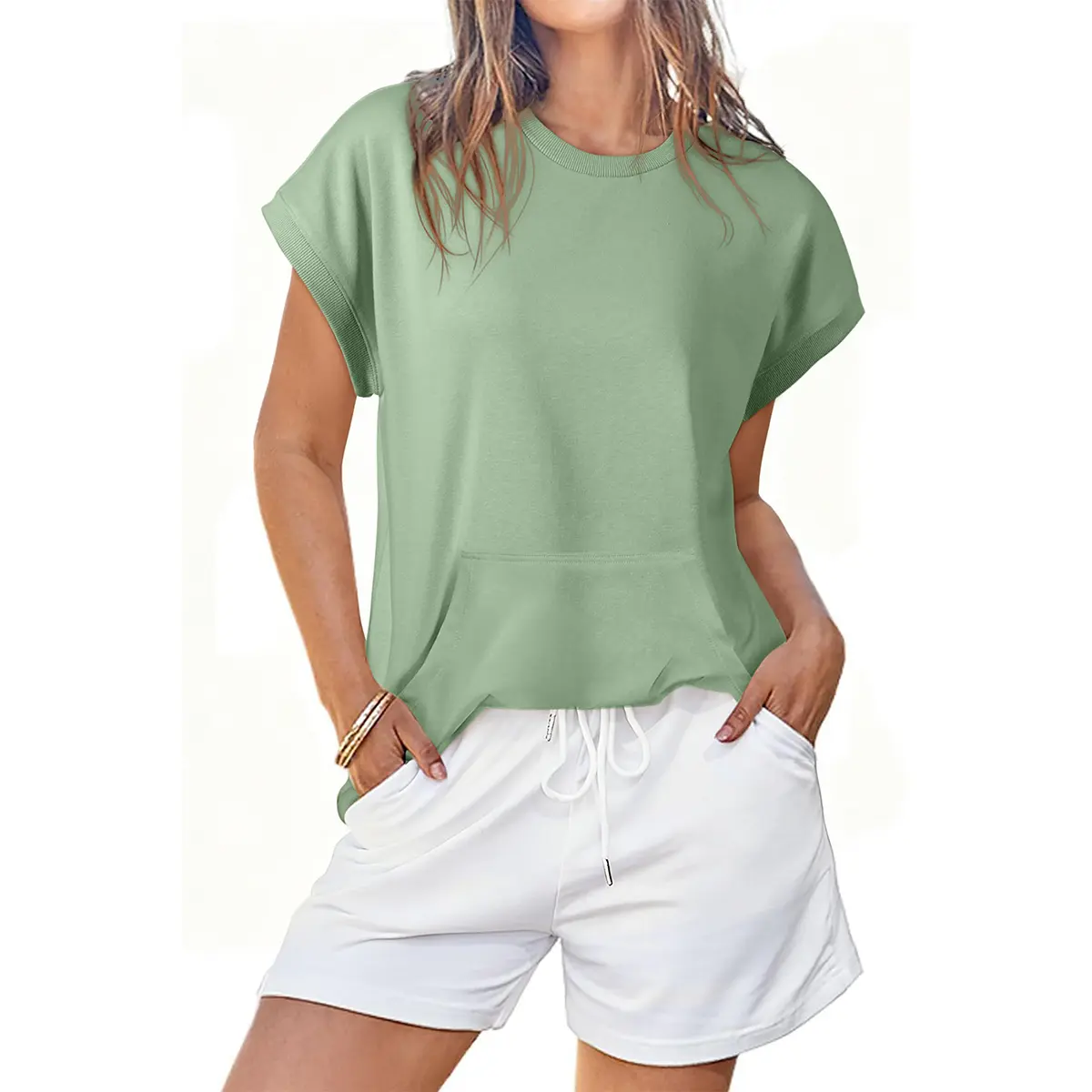 Women's Crew Neck Kangaroo Pocket Casual Pullover Tops
