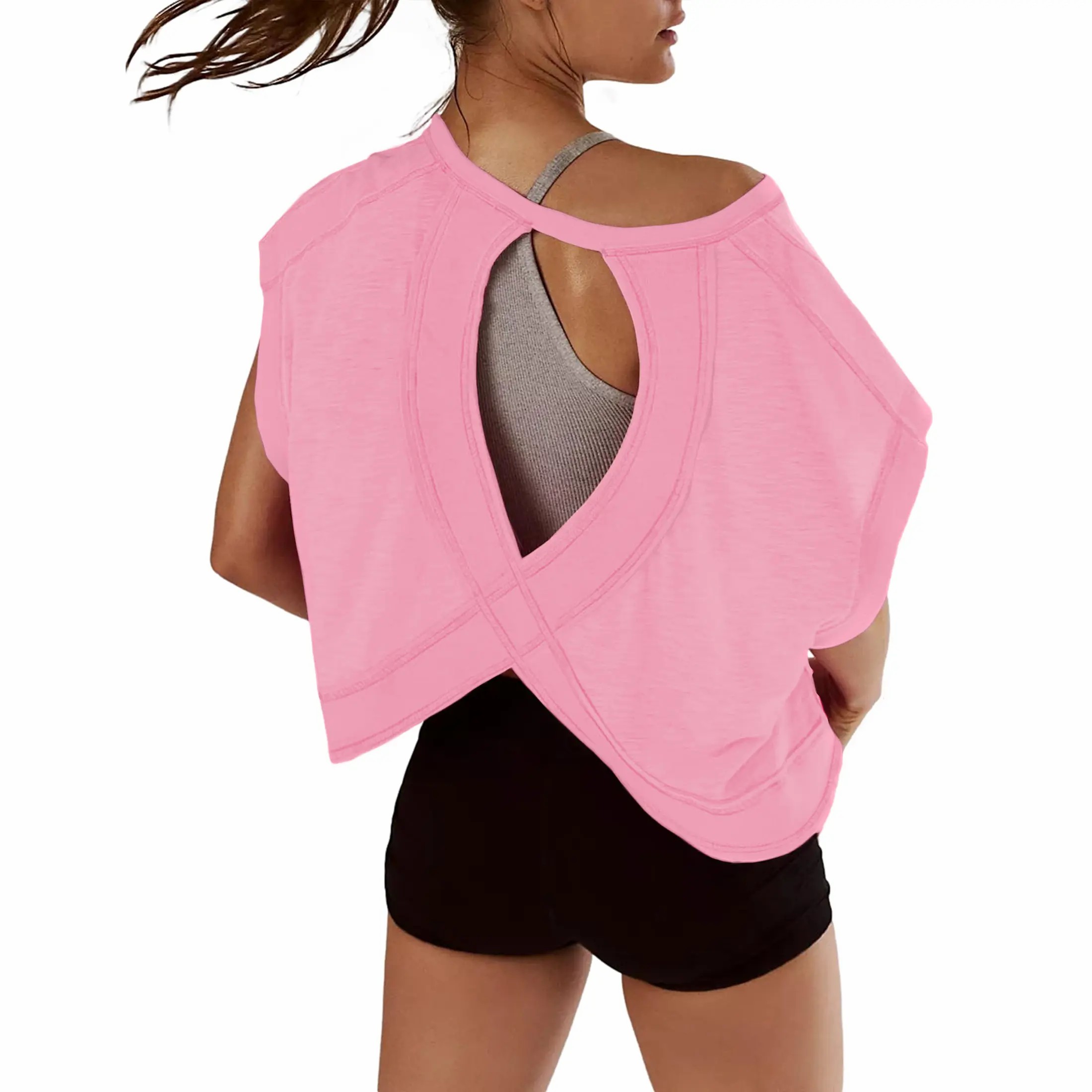 【Stock Up Deals】Women Short Sleeve Workout Shirts Open Back Tops Casual Yoga Y2k Athletic Gym Slouchy Crop Running Tees