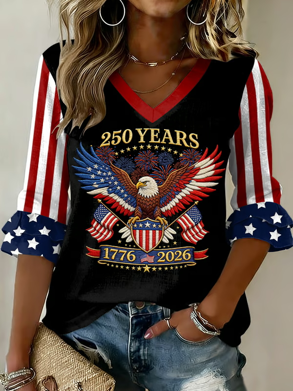 Ladies' Casual 250Th Anniversary Of The Founding Of The United States Printed V-Neck Half Blood T-Shirt