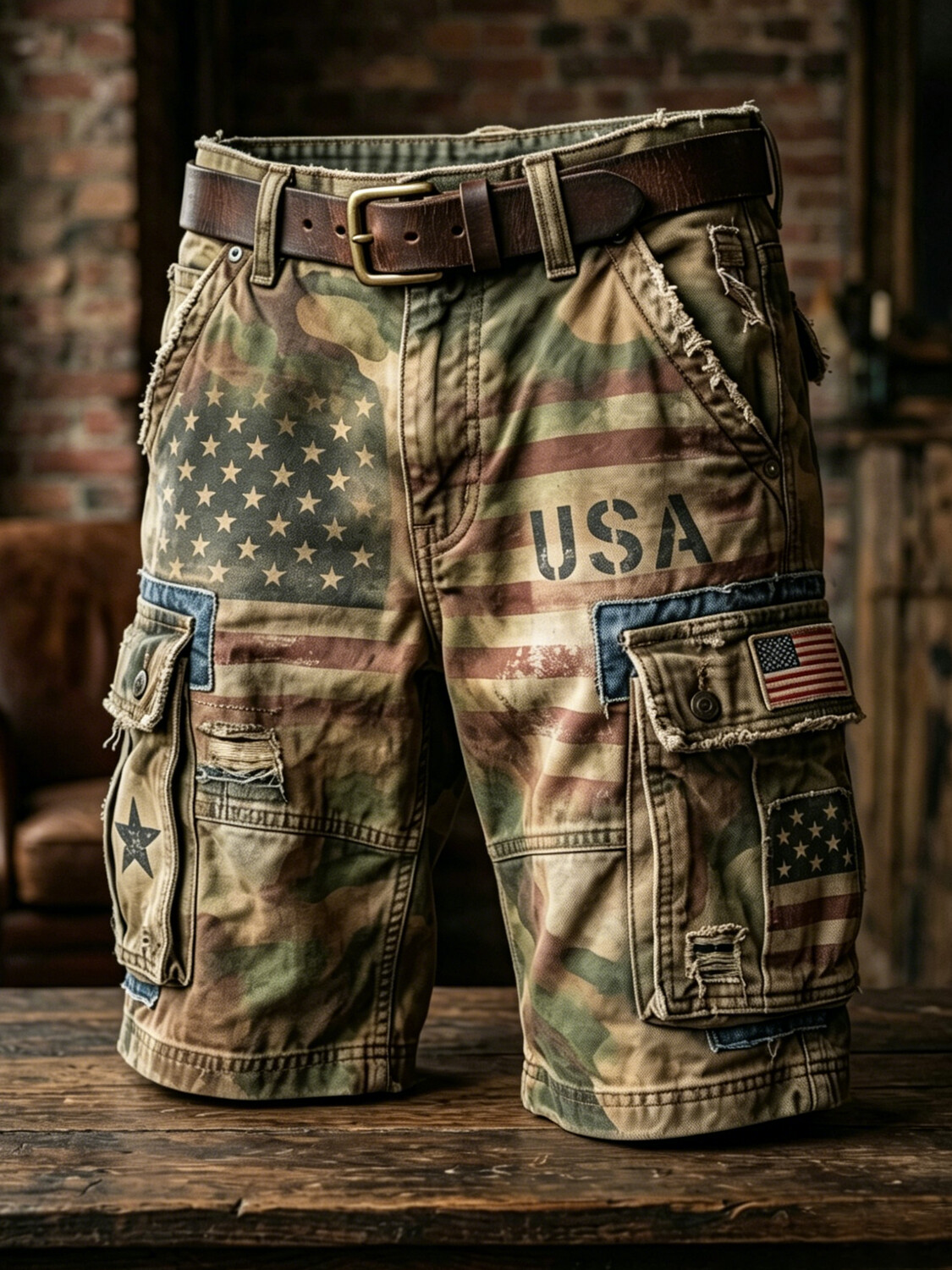 Men's Retro USA Independence Day Camouflage Patchwork Print Casual Shorts
