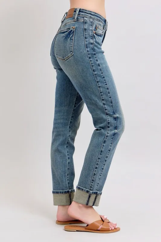 Blue Full Size Mid Rise Vintage Wash Double Roll Cuff Boyfriend Jeans Plus Size