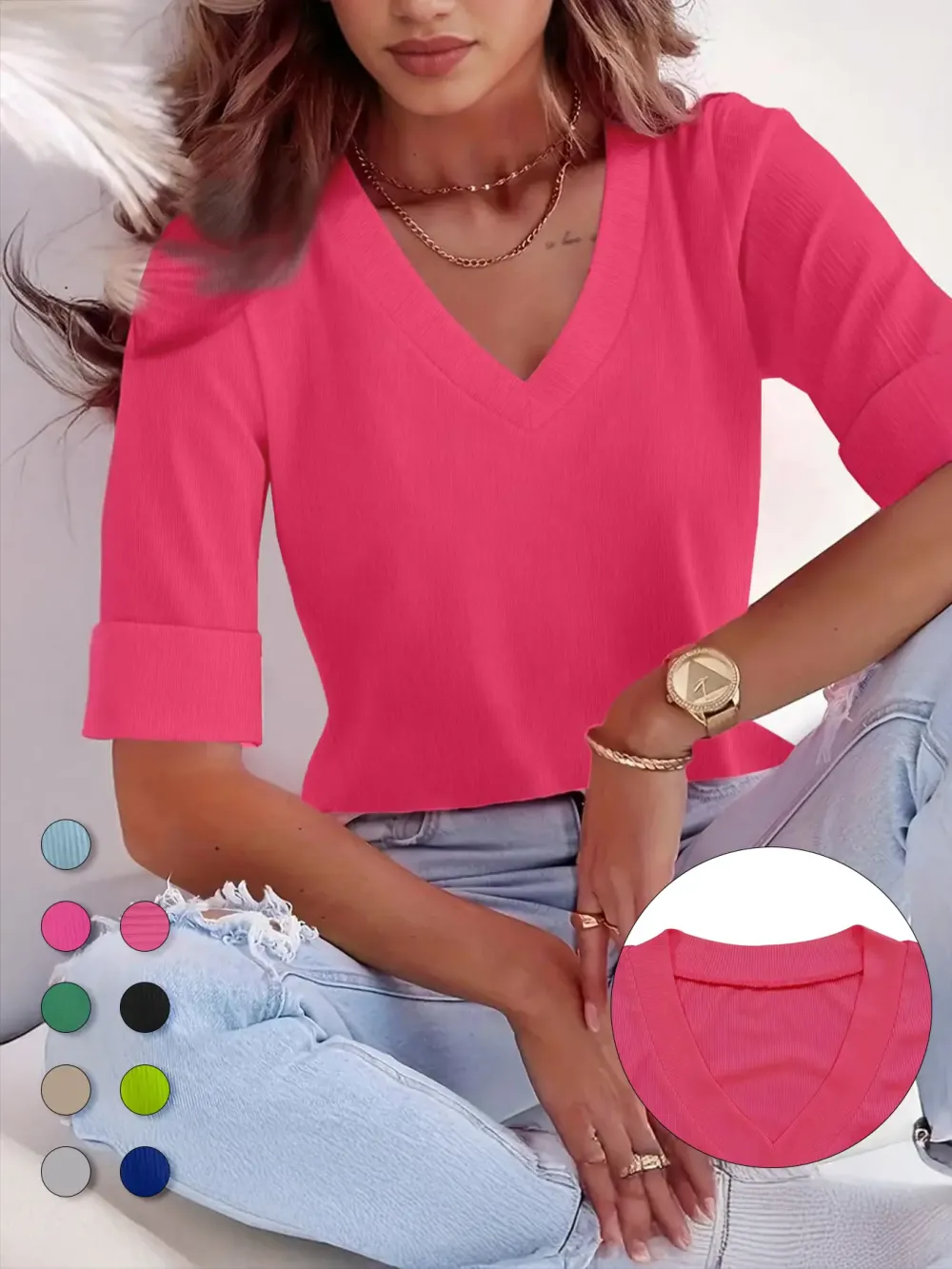 Plus Size Solid V Neck Roll Up Sleeve Tee, Casual T-shirt , Women's Plus Clothing for Daily Wear, Cute Tops, Quality and Durability