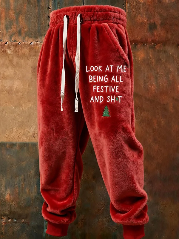 Men's Look At Me Being All Festive Christmas Tree Print Corduroy Jogger Pants