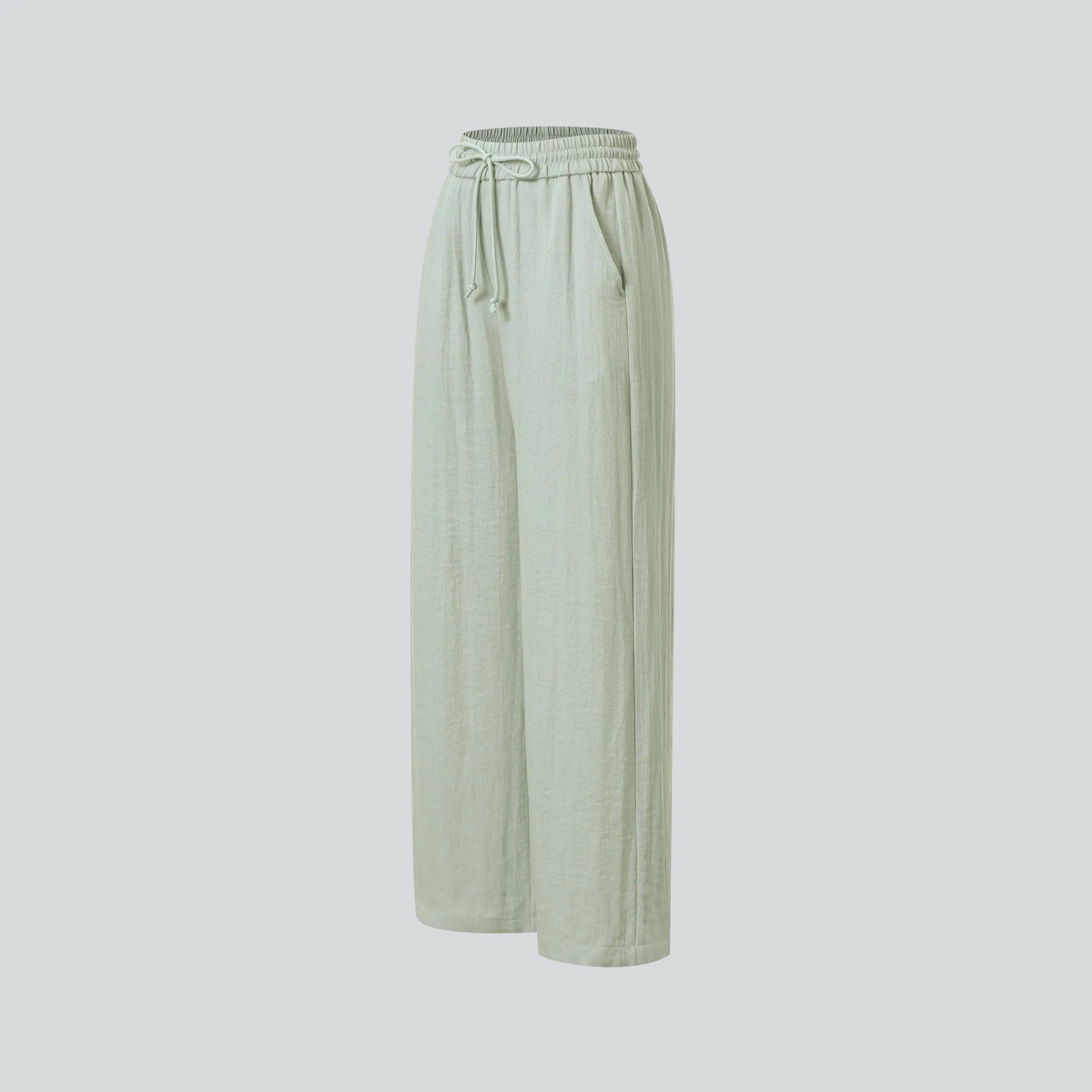 Women's High Waisted Drawstring Pocket Wide Leg Casual Linen-Feel Pants