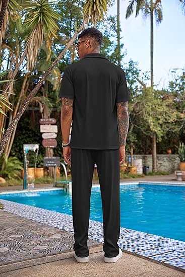 Men's 2 Piece Outfit Casual Short Sleeve Button Down Shirt Beach Summer Loose Pant Sets