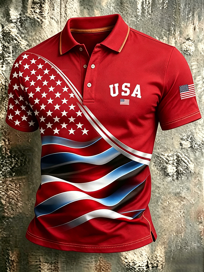Men'S Casual USA Commemorative Printed Polo Shirt