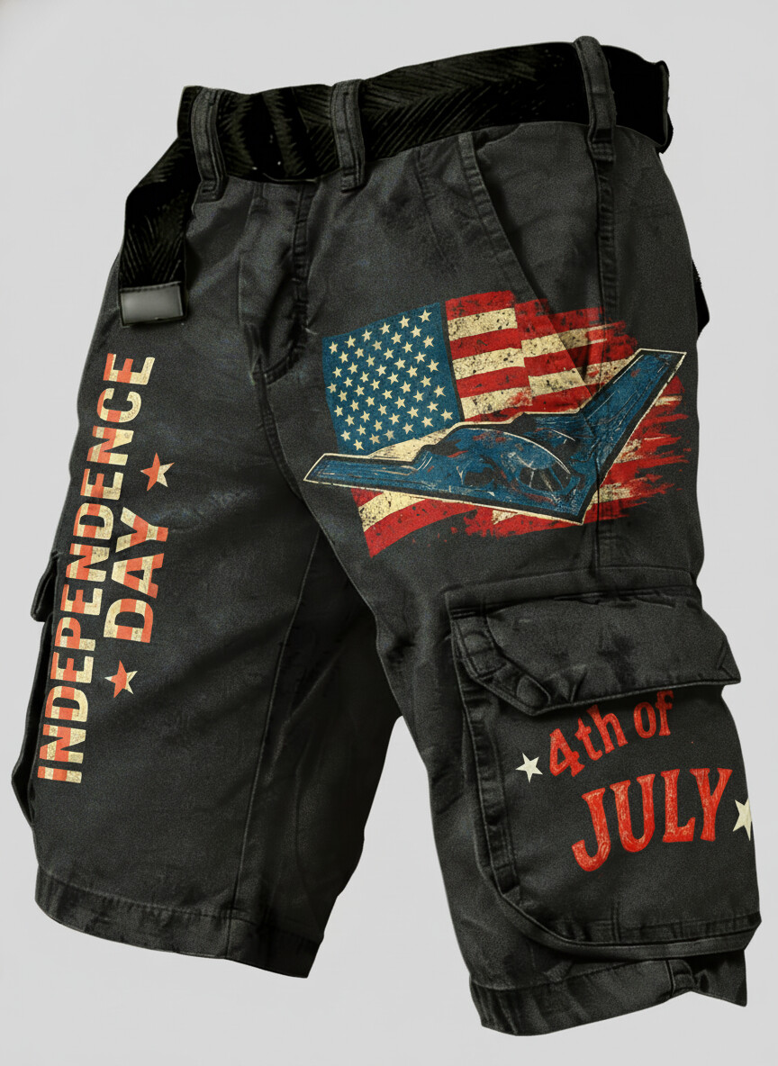 Men's Independence Day 4th Of July American Flag Print Denim-Like Cargo Shorts