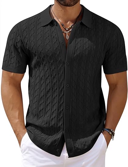 Mens Knit Button Down Shirt Short Sleeve Summer Casual Shirts Vintage Beach Vacation Shirts