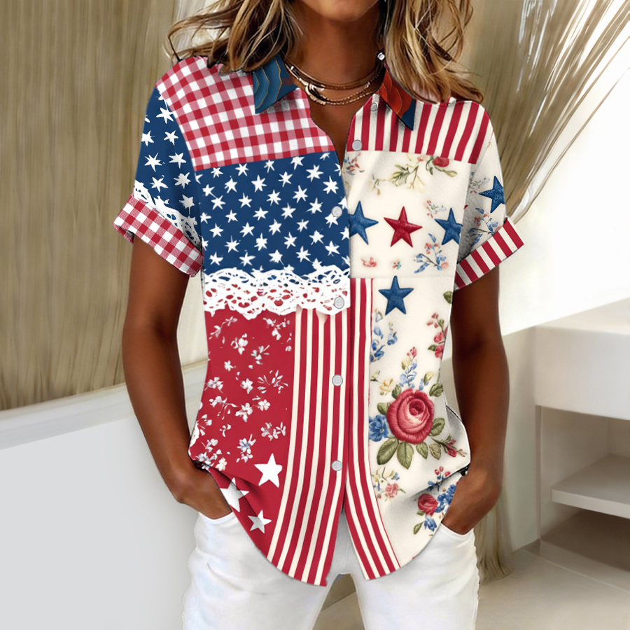 Women's Independence Day Patriotic American Flag Celebration Commemorative Cotton and Hemp Button Shirt