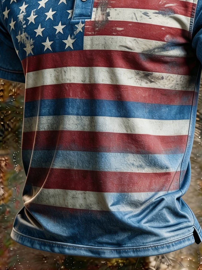 Men's Vintage American Flag Print Washed Denim Polo Shirt, Slim Fit Patriotic Western Style Short Sleeve Top