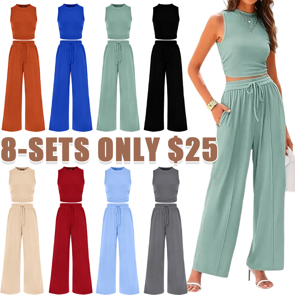 Women's Ribbed Knit Crop Top & Wide Leg Pants Lounge Set