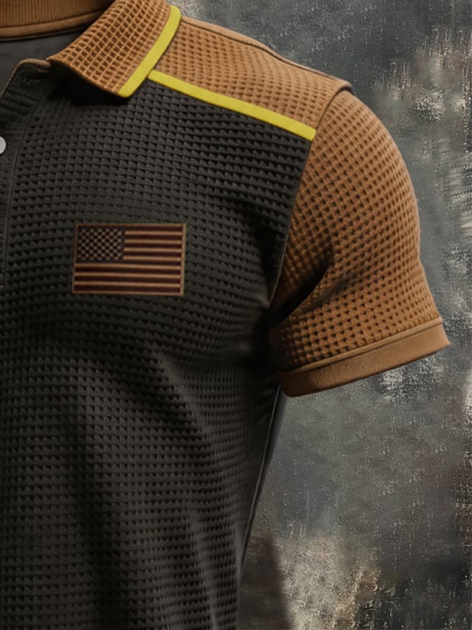 Men's Retro Waffle-Knit Patriotic Color-Block Short-Sleeve Polo Shirt