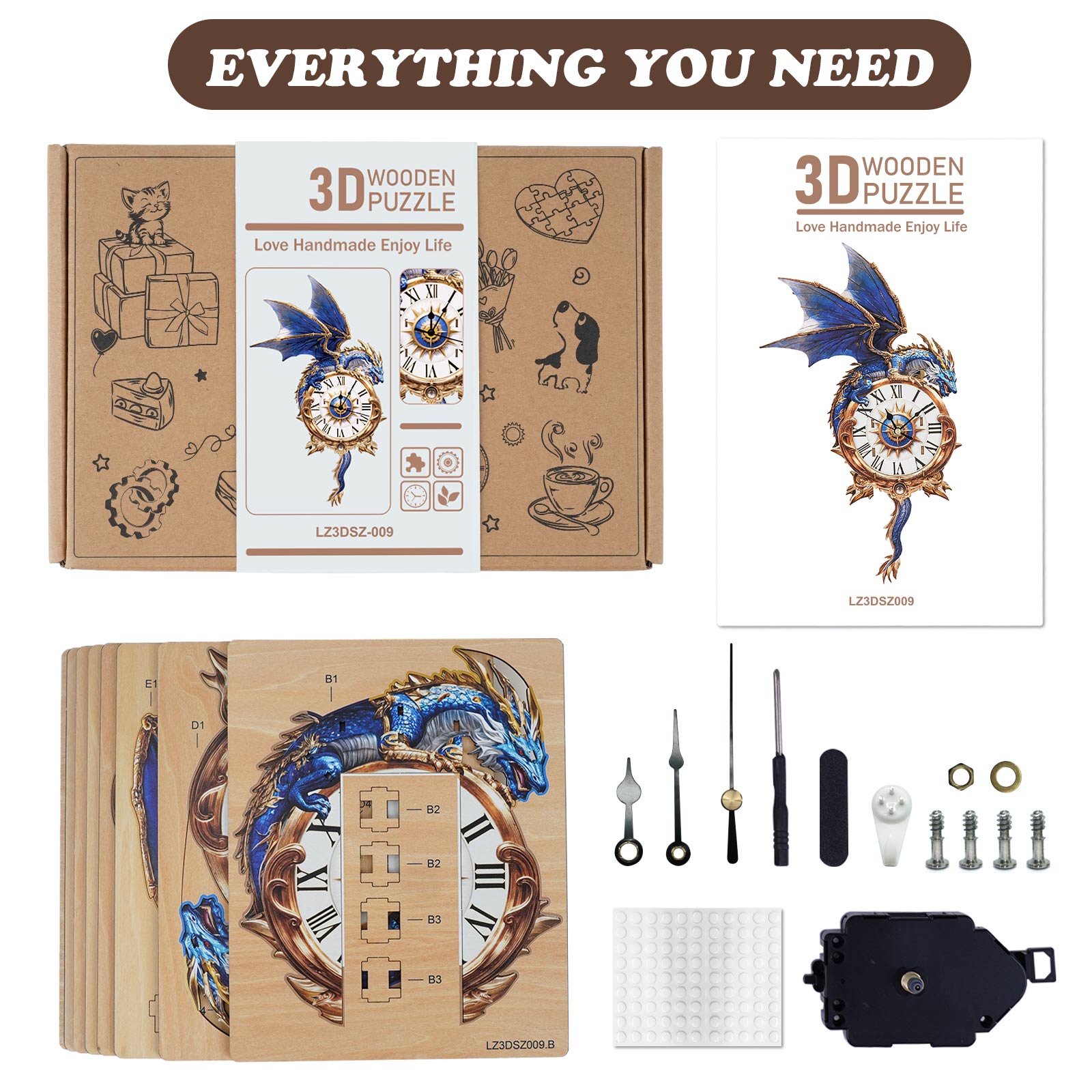 Blue DragonDIY Wooden Clock, 3D Puzzle Craft Kit