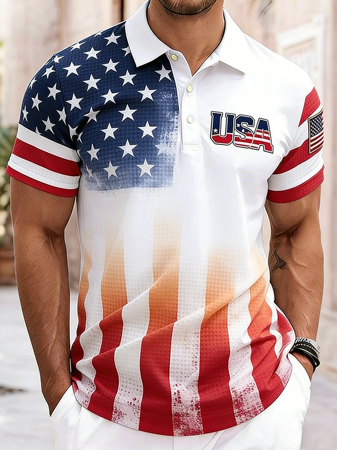 Men'S Casual American Five-Star Flag Gradient Personalized Printed Short Sleeved Polo Shirt