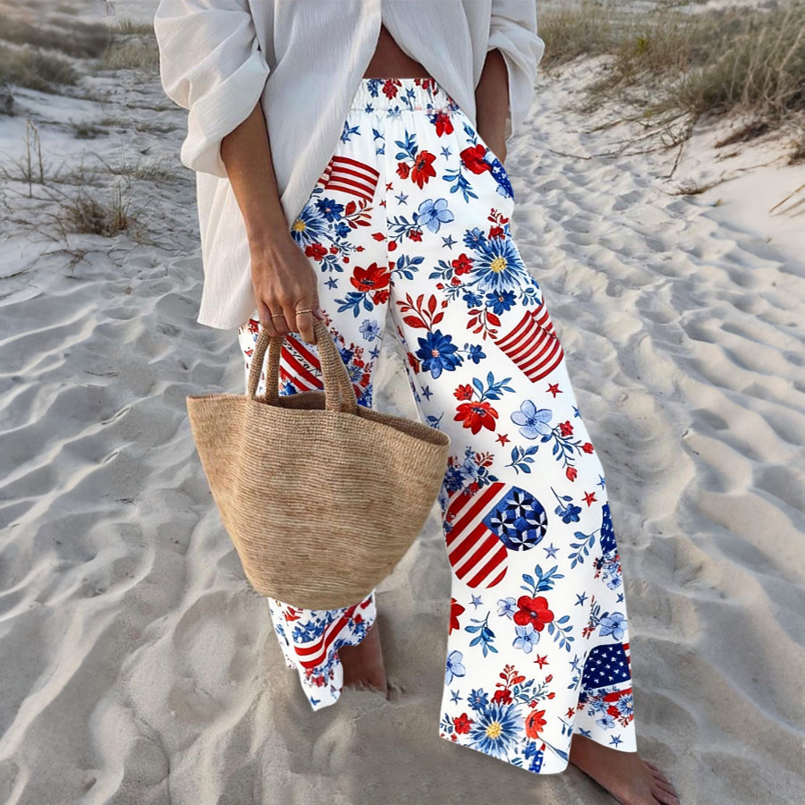 Women'S Patriotic Flower Independence Day Commemorative Printed Elastic Waist Loose Pocket Casual Pants