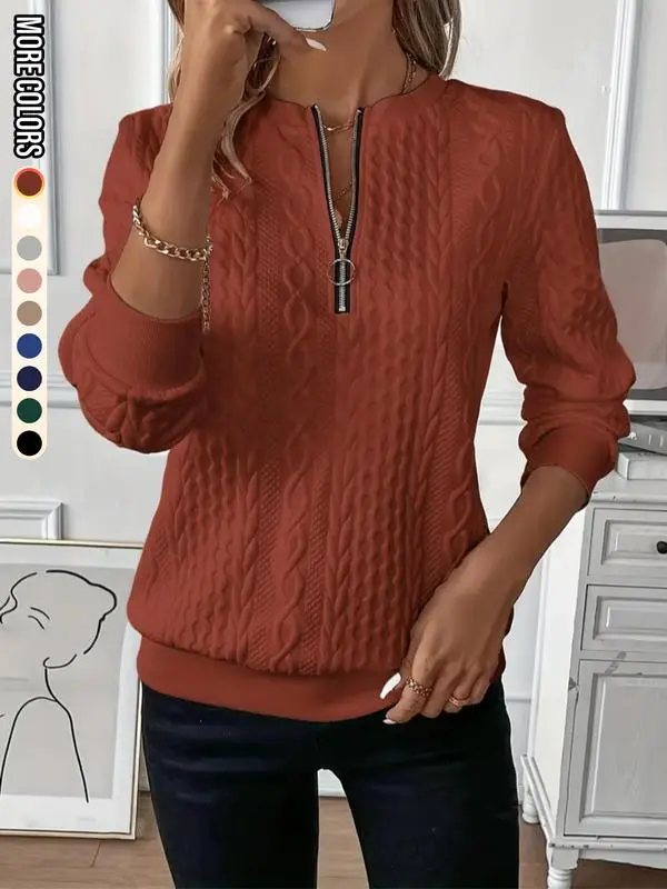 Women'S Plain Textured Half Zip Up Sweatshirt