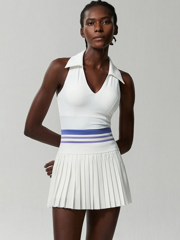Sports Fitness Tennis Skirt Suit Women's Anti-Light Quick Drying V-Neck Yoga Suit Two-Piece Suit With Chest Pad