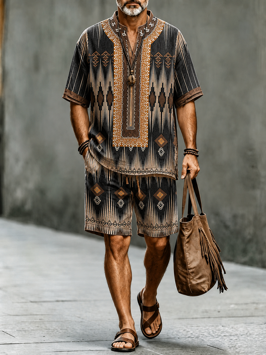 Men's Casual Vacation Set with African-Egyptian Pattern Print