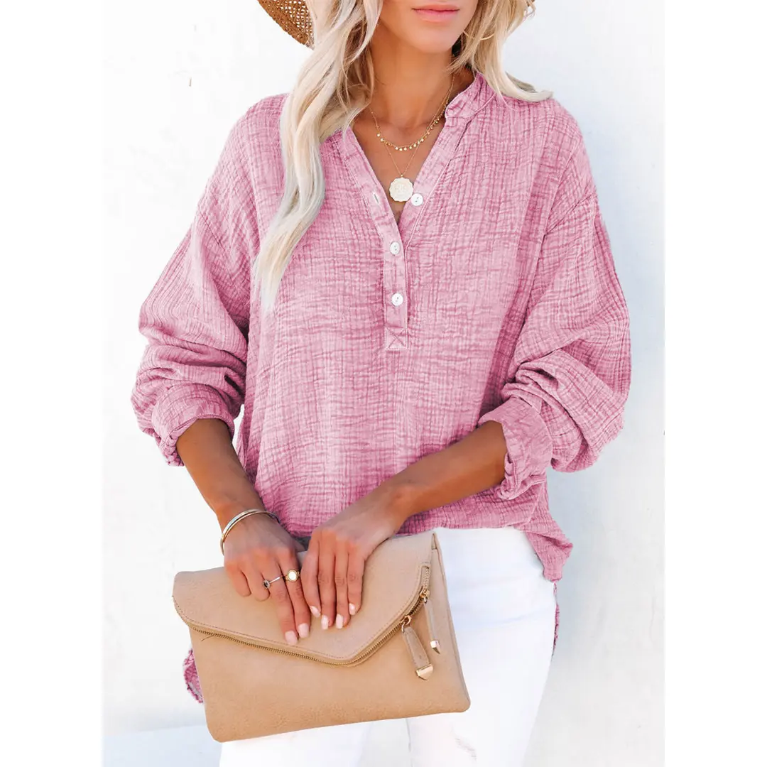 Dokotoo Women's Casual Button V Neck Long Sleeve Shirts Oversized Solid Blouses Tops 100% Cotton Boyfriend Style Loose Fit