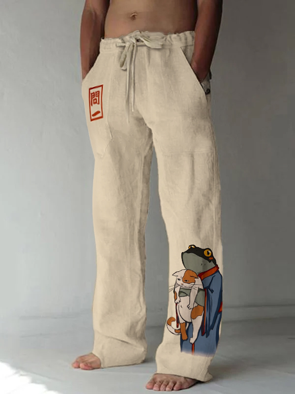 Men's Japanese Art Kimono Frog Cat Graphic Print Casual Pants