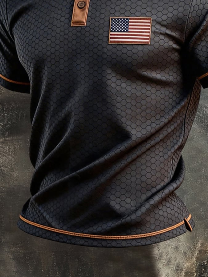 Men's Retro Patriotic Color-Block Short-Sleeve Polo Shirt
