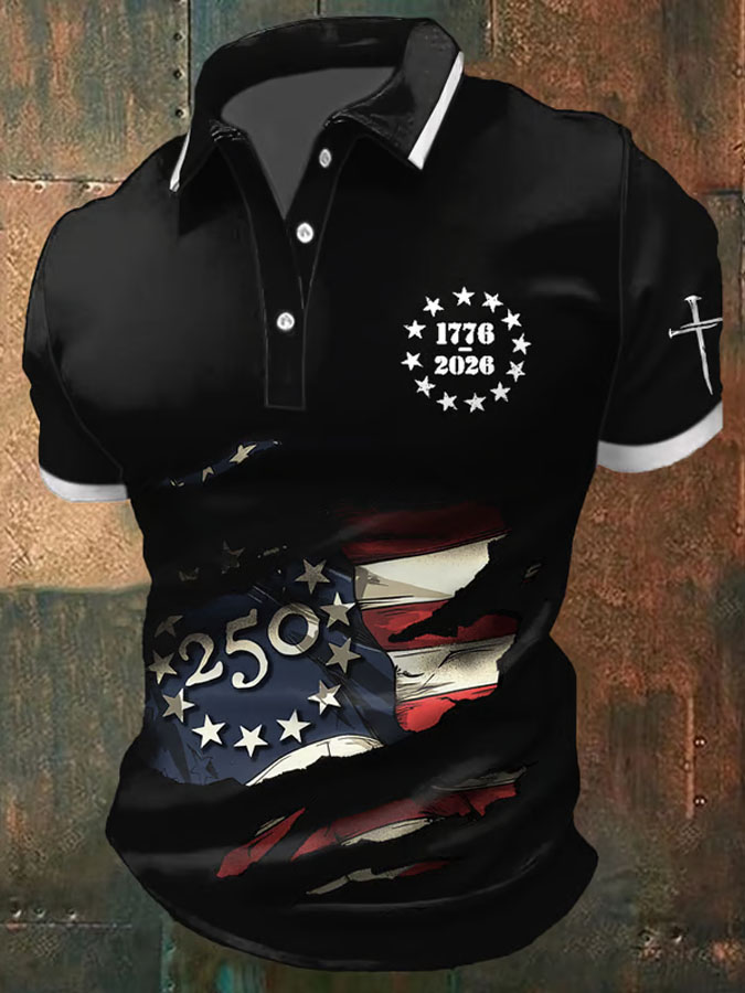 Men'S Retro American Flag Independence Day Print Casual Polo Shirt