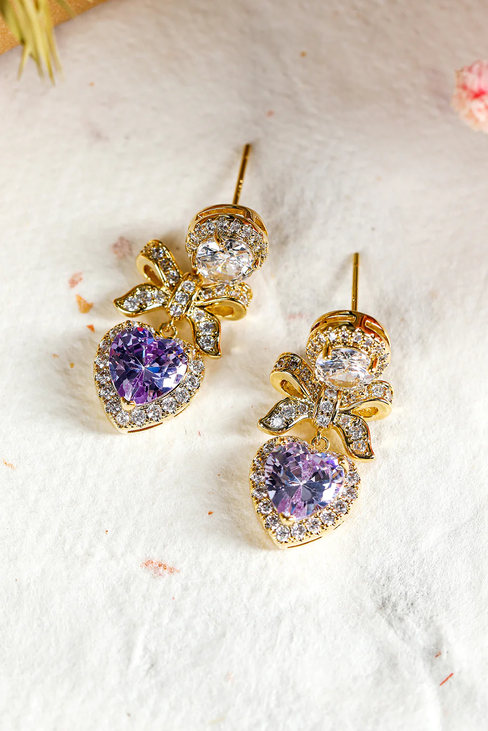 Gold Rhinestone Bow Heart Pendant Earrings