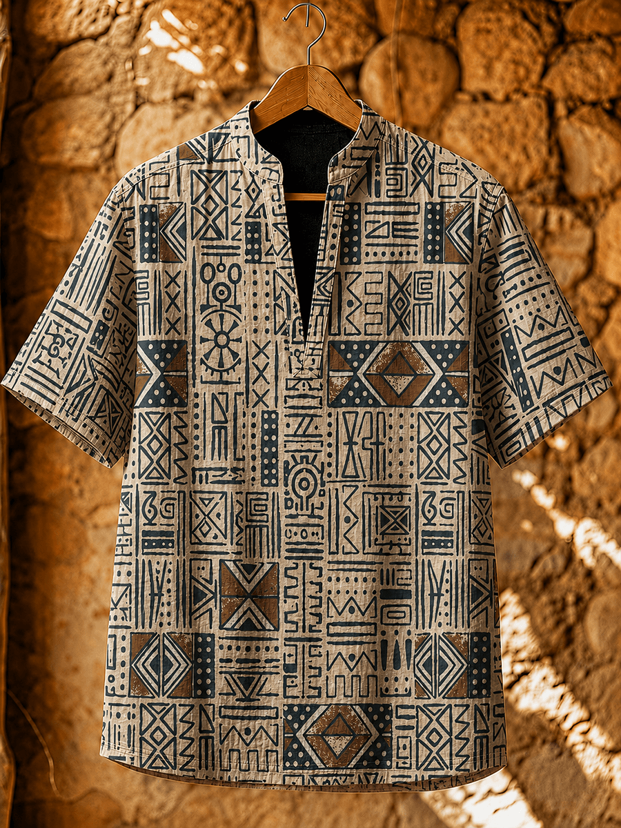 Men's African Tribal Print Faux Cotton-Linen Top