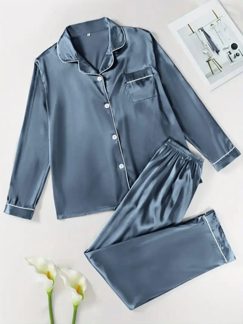 Two-Piece Set Women's Solid Contrast Binding Satin Pyjamas