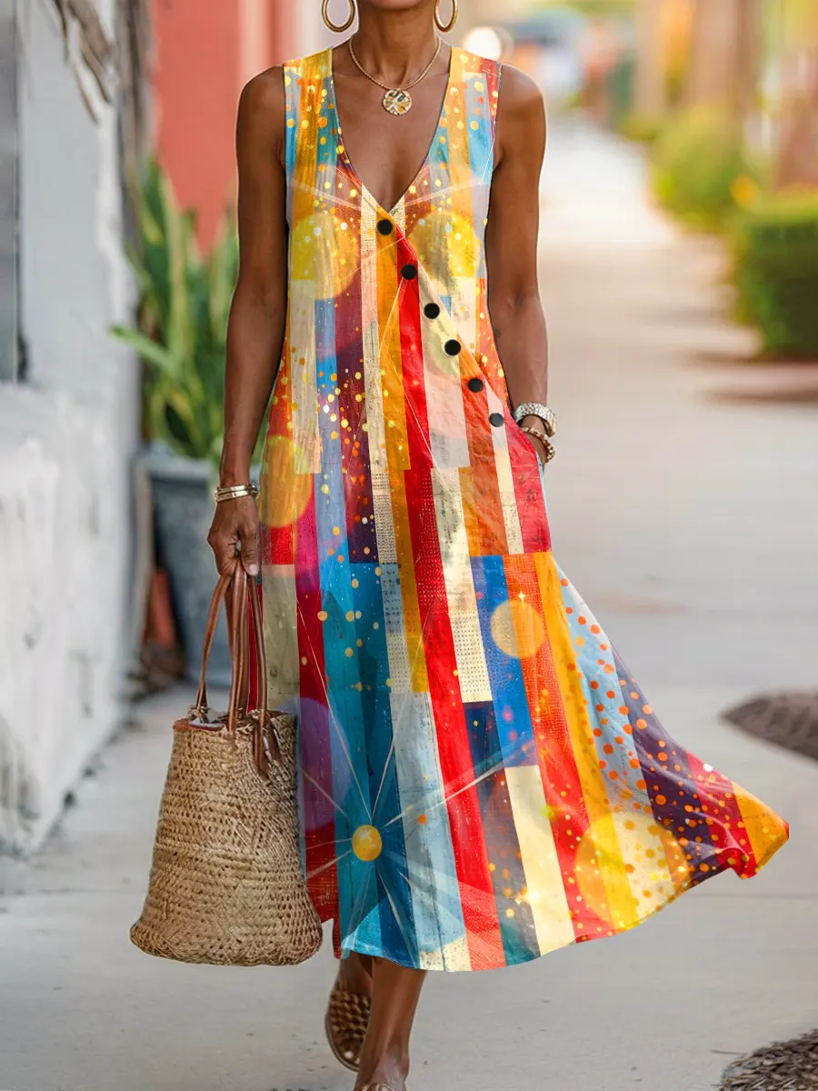 Women's Colorful Carnival Texture Print Button Sleeveless V-neck Dress