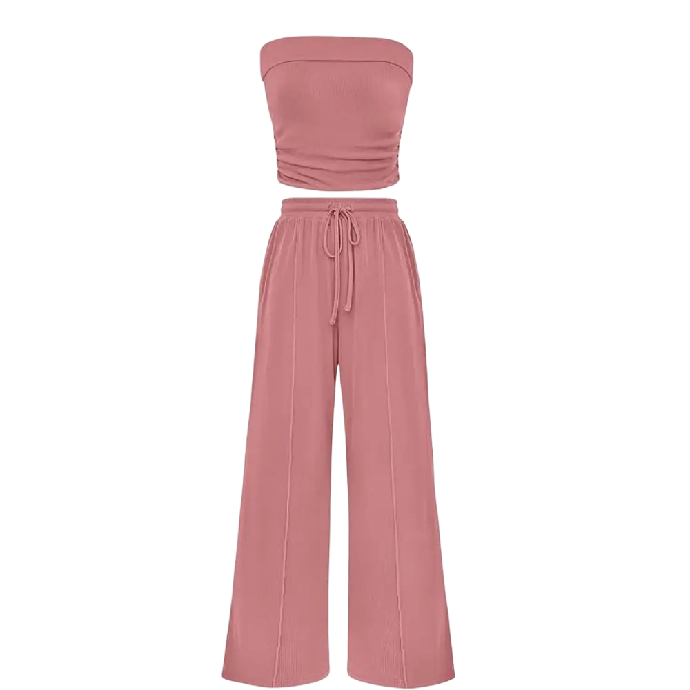 Women's Summer Outfits 2 Piece Sets Casual Ribbed Knit Crop Top & Wide Leg Pants
