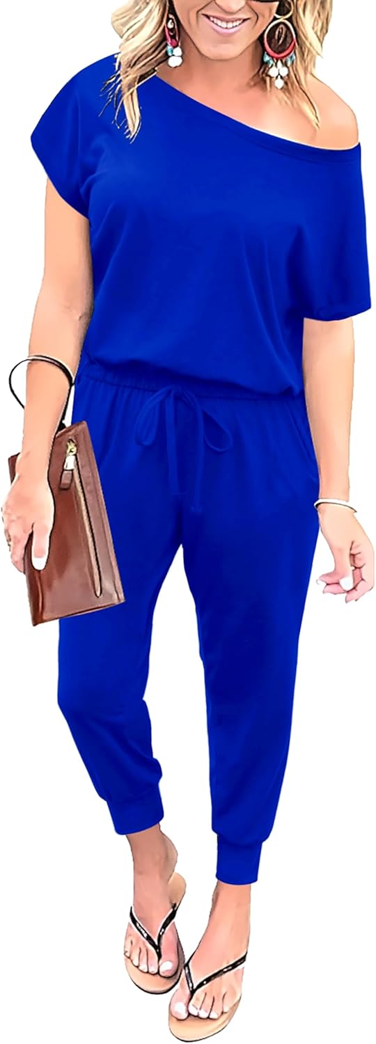 Summer Jumpsuit Rompers Off Shoulder for Women with Pockets Casual Elastic Waist