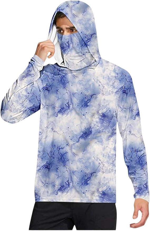 Long Sleeve Sun Shirt Men UPF 50+ Rash Guard Cooling Fishing Hoodies with Mask Casual Summer UV SPF Hiking Blouses