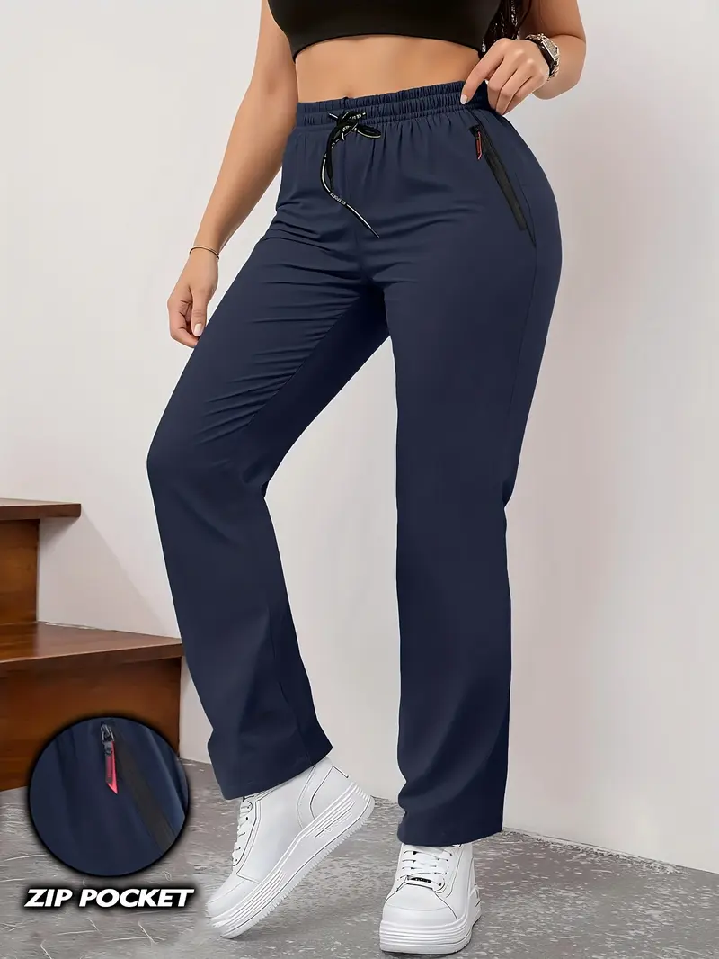 Women's Summer High-Waist Straight-Leg Casual Jogger Pants with Zipper Pockets Fitted Minimalist