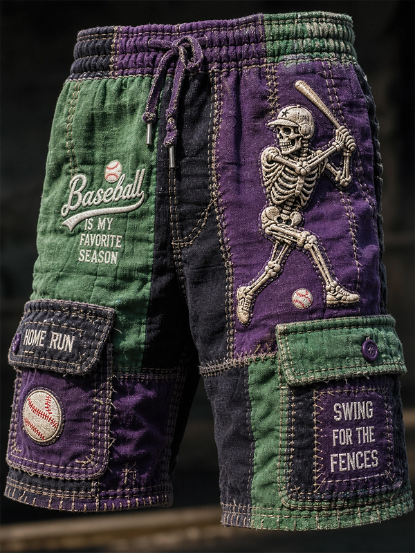 Men's Color Block Skeleton Baseball Print Drawstring Waist Casual Shorts