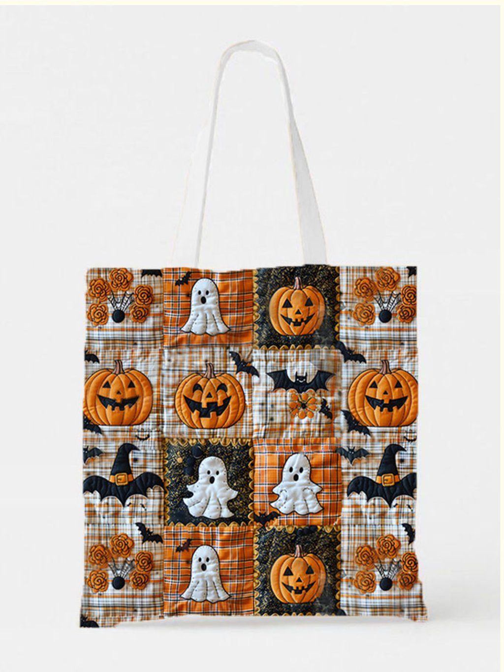 Halloween Funny Patchwork Plaid Pumpkin Face Printed Canvas Bag