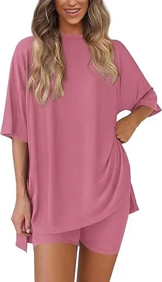 🔥Women's Two Piece Lounge Set 2026 Summer Casual Oversized Shirts Biker Shorts Matching Airport Travel Outfit